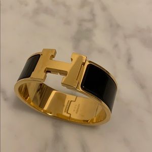 Hermès Clic Clac Wide Black and Gold Bangle PM
